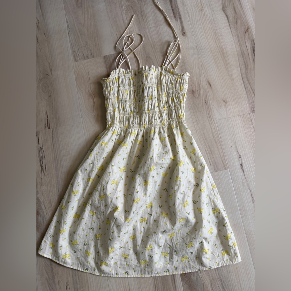 H&M Yellow Floral Smocked Sundress with Tie Straps